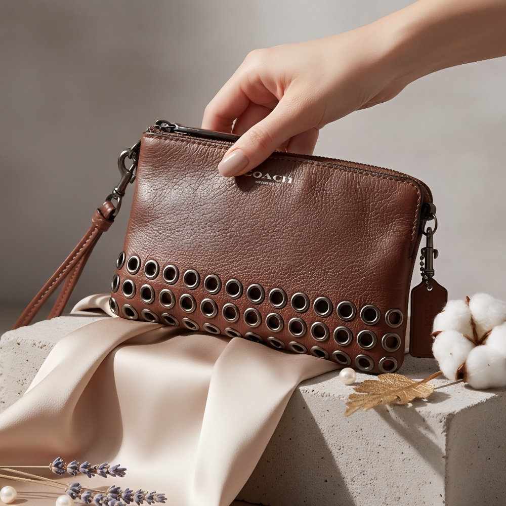 Coach Brown Leather Wristlet with Grommet Accents | Modern Classic Chic Style - Picture 11 of 13